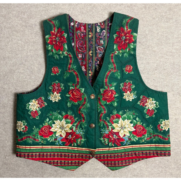Quilted Christmas Vest Handmade Poinsettia Plaid Sz 1X 16 18 Granny Cottage Ugly - Picture 3 of 7